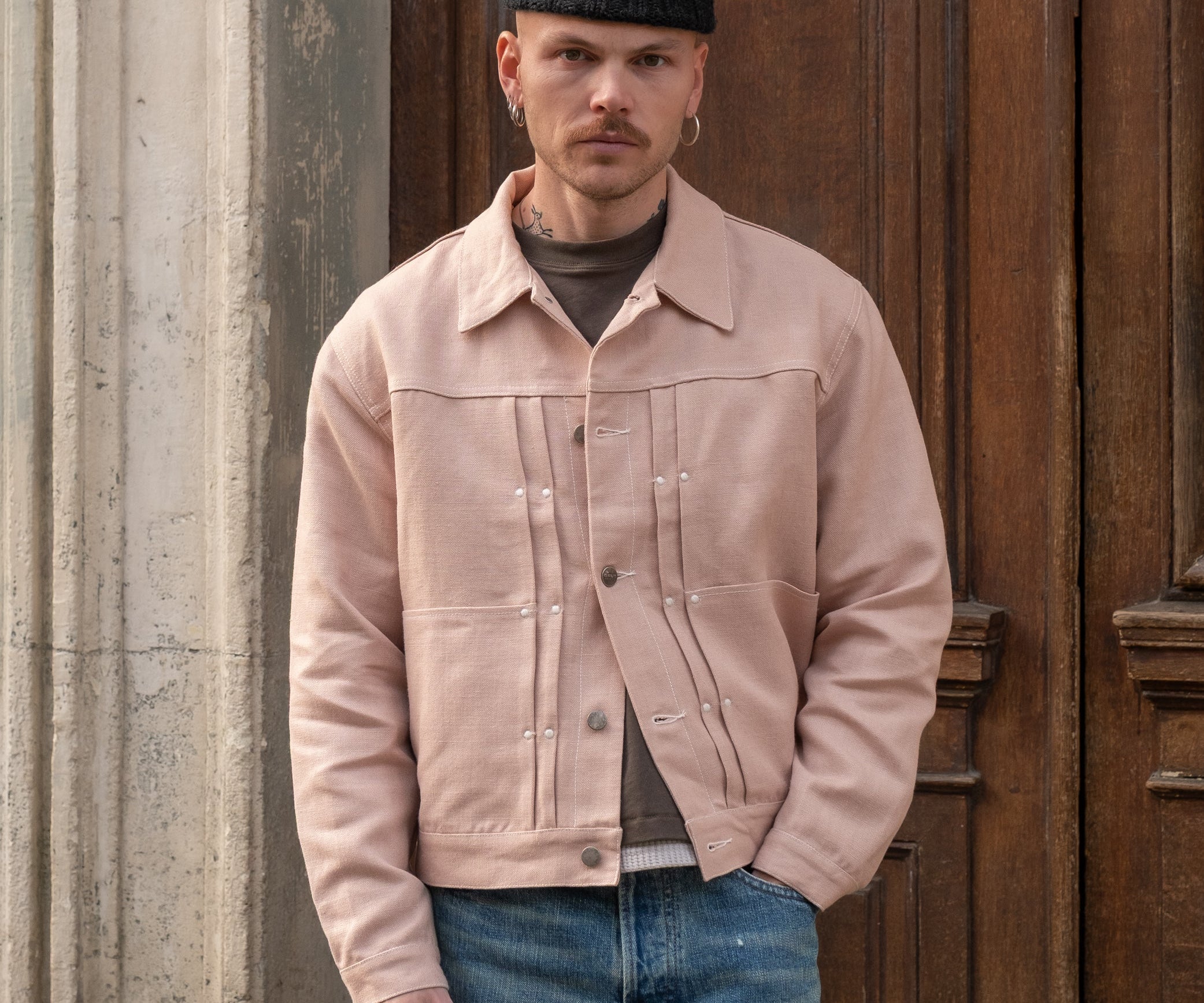 REWORK® DOUBLE PLEATED LINEN JACKET Coats & Jackets SMALL / DUSTY PINK - BRUT Clothing