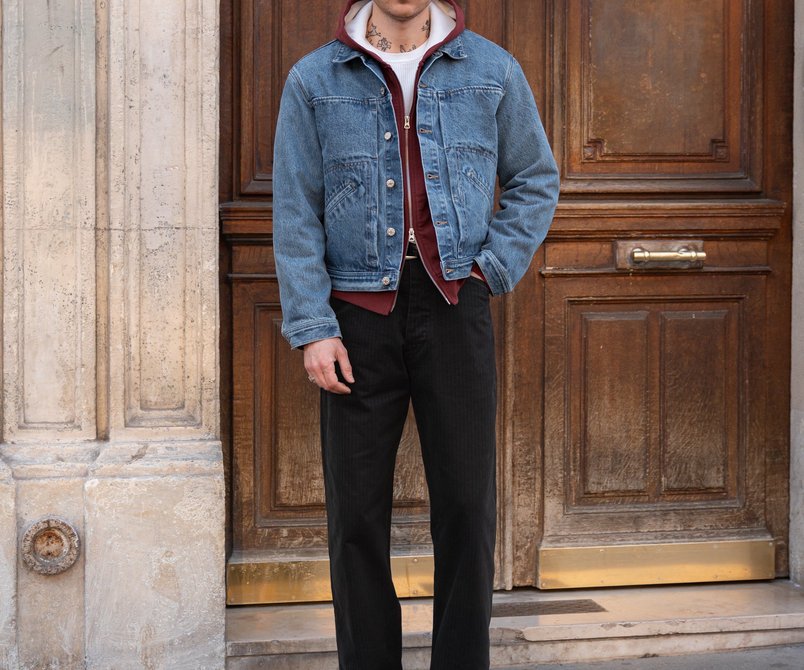 THE PLEATED DENIM JACKET Coats & Jackets X-SMALL / BLUE STONE WASH - BRUT Clothing