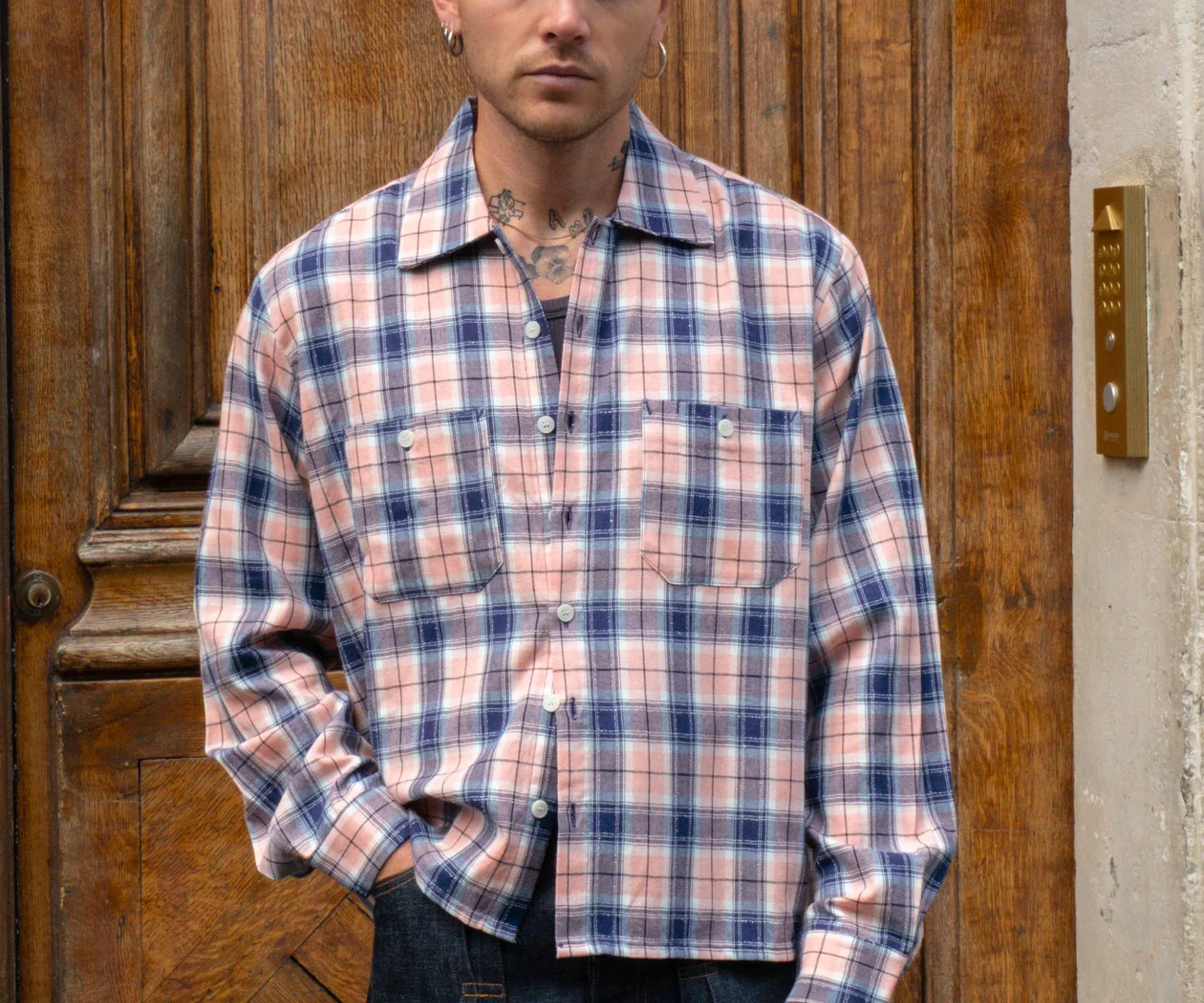 THE OVERSIZED WORK SHIRT Chemises X-SMALL / BLEU MARINE / ROSE - BRUT Clothing