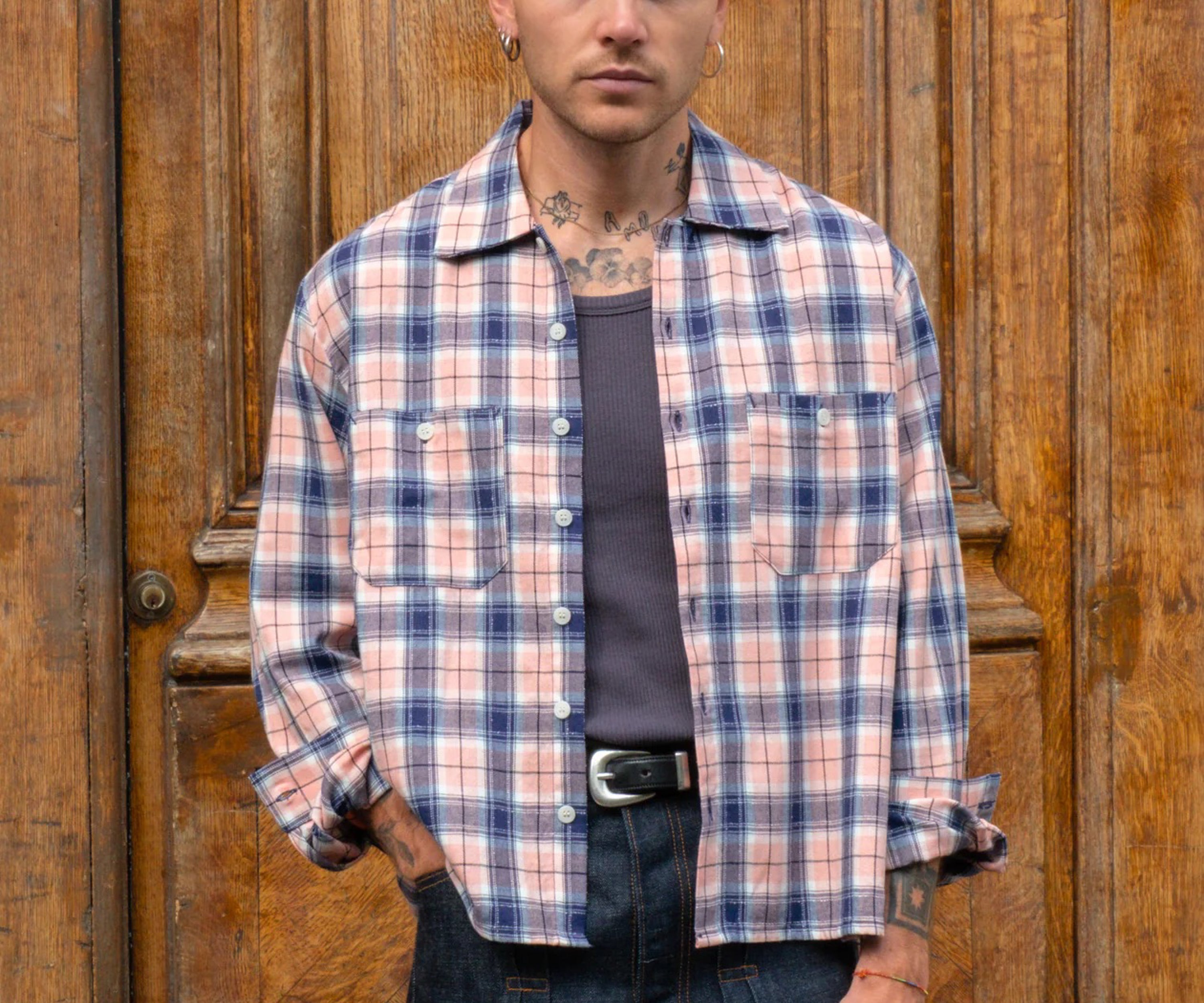 THE OVERSIZED WORK SHIRT Chemises X-SMALL / BLEU MARINE / ROSE - BRUT Clothing